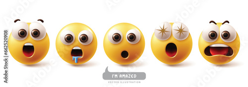 Emoji amazed emoticon characters vector set. Emojis emoticons characters in surprise, wow, shocked, hungry, fascinating and excited facial expression graphic elements. Vector illustration emojis amaze