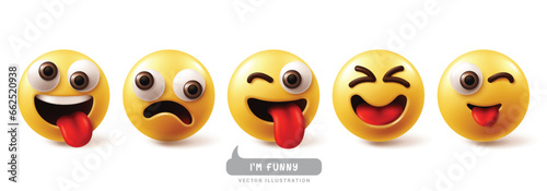 Emoji funny emoticon characters vector set. Emojis emoticons facial expression in happy, joyful, smiling, cool, naughty and playful character face collection. Vector illustration emojis funny icon 