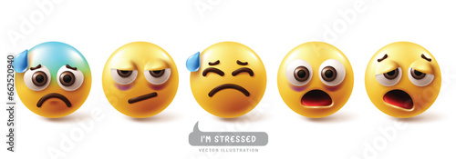 Emoji stress emoticon characters vector set. Emojis emoticons in stress, nervous, worried, tired, scared and depressed facial expression character elements collection. Vector illustration emojis 