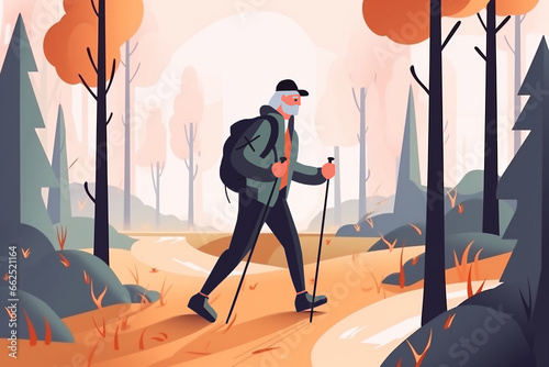 Elderly man spends time outdoors. illustration of cartoon happy senior man hiking in mountains with backpack and walking poles.