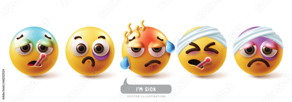 Emoji sick emoticon characters vector set. Emoticons emojis character with illness, flu, fever, colds, injured and nauseous face icon collection. Vector illustration emojis sickness set collection. 
 - obrazy, fototapety, plakaty 