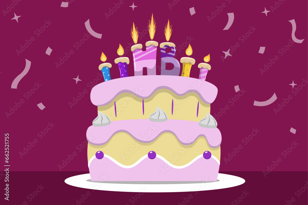 Alegre vector de pastel de cumpleaños, vector de pastel  decorado con colores suaves, ilustración con postre de cumpleaños con velas encendidas listas para ser sopladas, diversión y felicidad