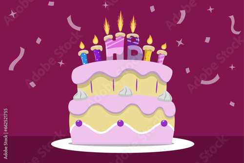 Alegre vector de pastel de cumpleaños, vector de pastel  decorado con colores suaves, ilustración con postre de cumpleaños con velas encendidas listas para ser sopladas, diversión y felicidad