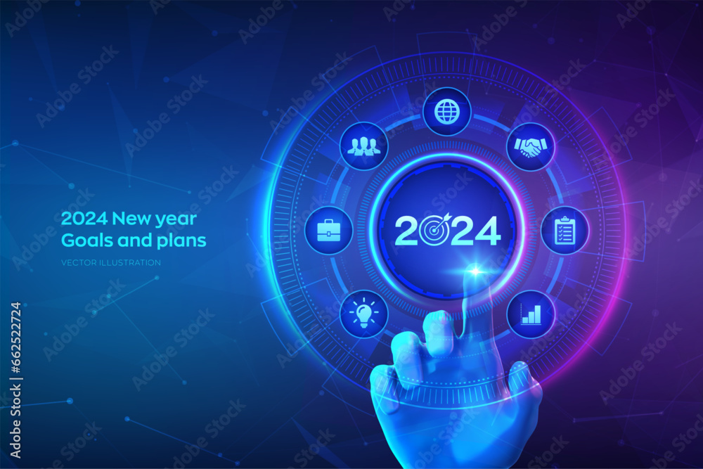 2024 New year Goals and plans. Business plan and strategies. Goal acheiveement and success in 2024. Resolutions, plan, action, checklist concept. Hand touching digital interface. Vector illustration. - obrazy, fototapety, plakaty 