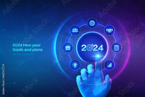 2024 New year Goals and plans. Business plan and strategies. Goal acheiveement and success in 2024. Resolutions, plan, action, checklist concept. Hand touching digital interface. Vector illustration.
