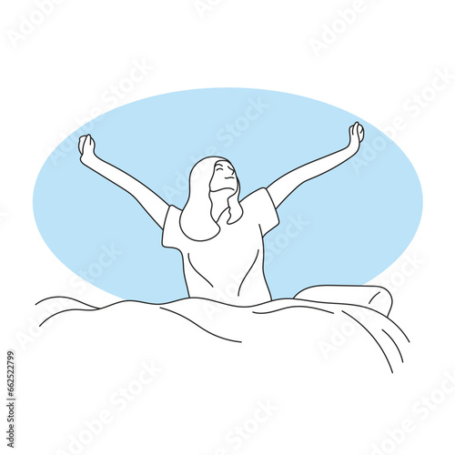 happy woman waking up on bed in the morning illustration vector hand drawn isolated on white background