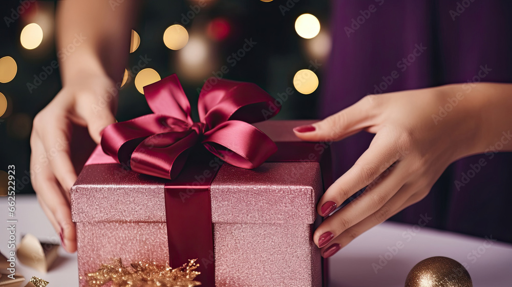 A woman's hands hold a pink gift box with a red bow and ribbons on a colorful christmas background A woman's hands hold a pink gift box with a red bow and ribbons on a colorful christmas background