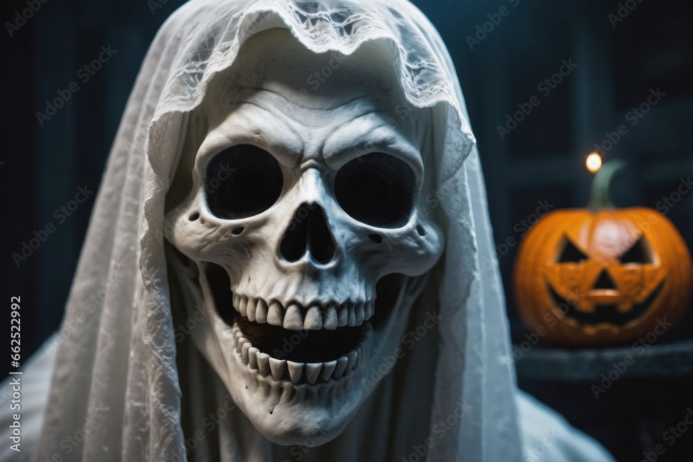 Halloween concept. Scary ghost with pumpkin on dark background.
