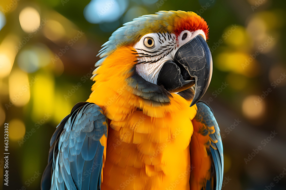 yellow-blue parrot on a background of nature, portrait of a beautiful exotic bird