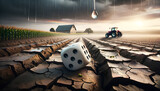 On a dry cracked field, a dice symbolizes the unpredictable nature of weather in farming. Hopeful rain begins, with a farmhouse and tractor in the background
