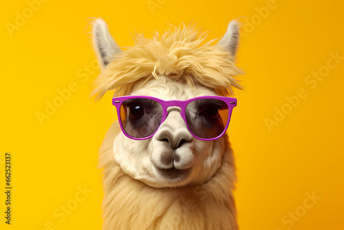 fashionable and funny animal llama in sunglasses looking at the camera isolated on color background