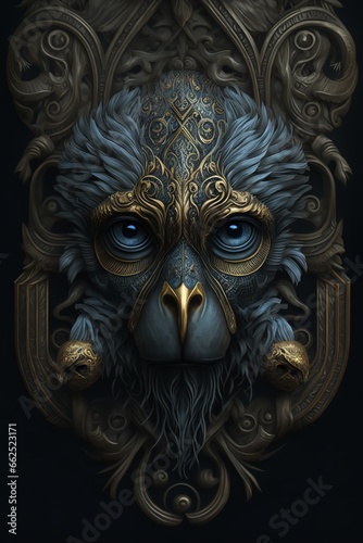 Digital art of a monkey with a bird head, featuring a close-up of its face. The bird head is covered in feathers and has a large beak. The monkey's eyes are wide open and its mouth is open