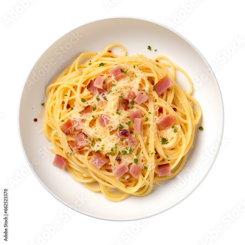 Spaghetti Carbonara on white bowl, top view with transparent background