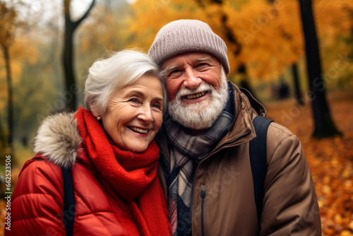 Portrait of an elderly couple together. Happy senior couple in autumn park.