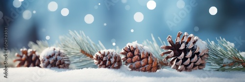 close up of pine branch with pine cones and snow with blue sky and bokeh lights and snowflakes, generative AI photo