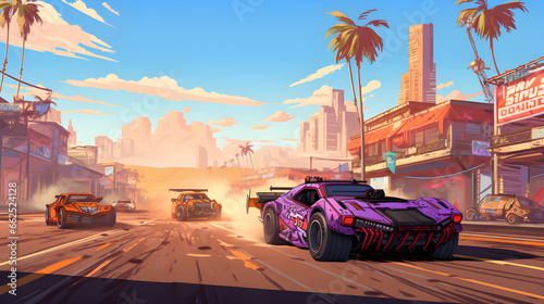 Car racing on street sunset, illustration, concept art pixel art, game art, retro futuristic, generative AI	