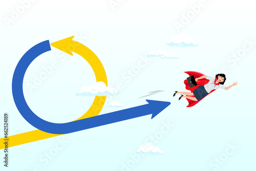 Businesswoman superheroine fly with agile cycle, agile methodology in project management or software development, sprint or dev cycle to release and improve product, scrum process or workflow (Vector)