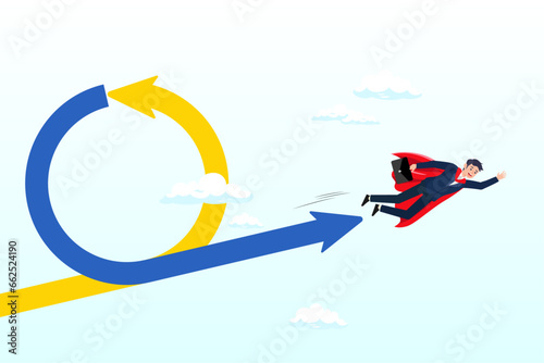 Businessman superhero fly with agile cycle, agile methodology in project management or software development, sprint or dev cycle to release and improve product, scrum process or workflow (Vector)