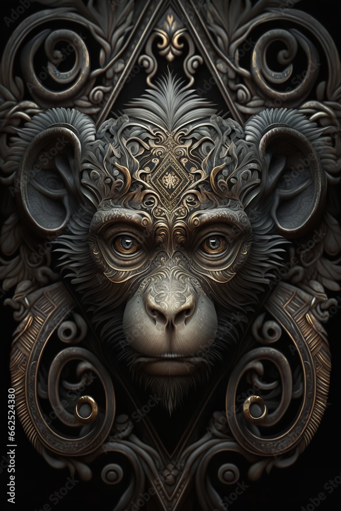Close-up digital art of a monkey wearing a golden mask with intricate carvings. The monkey has a serious expression and its piercing eyes are locked on the viewer.