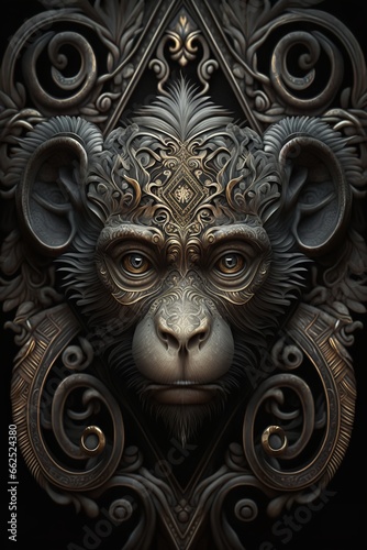 Close-up digital art of a monkey wearing a golden mask with intricate carvings. The monkey has a serious expression and its piercing eyes are locked on the viewer.