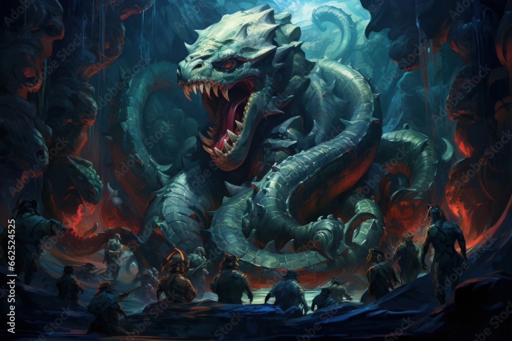 Obraz premium Ancient sea serpents, guardians of hidden treasures beneath the ocean depths - Generative AI