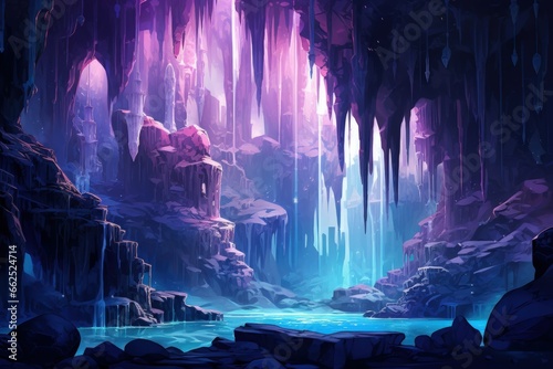 Harmonious waterfalls of glowing crystals, cascading with soothing melodies - Generative AI
