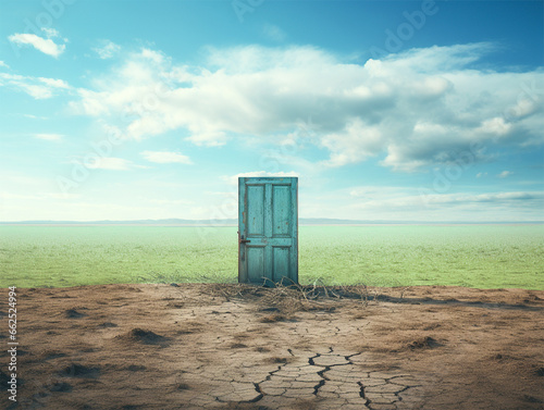 Blue door in the middle of a land separated to green and dry parched land. Climate change concept