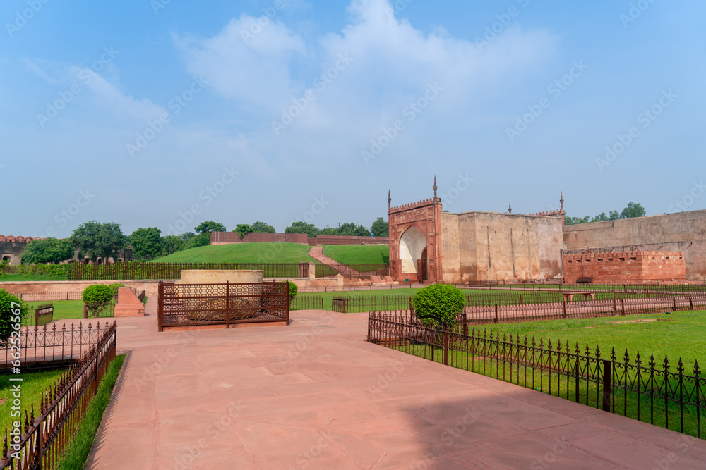 One of the tourist attractions in India, the green turf of the Red Fort. Agra Fort is a historic red sandstone fort and a UNESCO World Heritage Site.