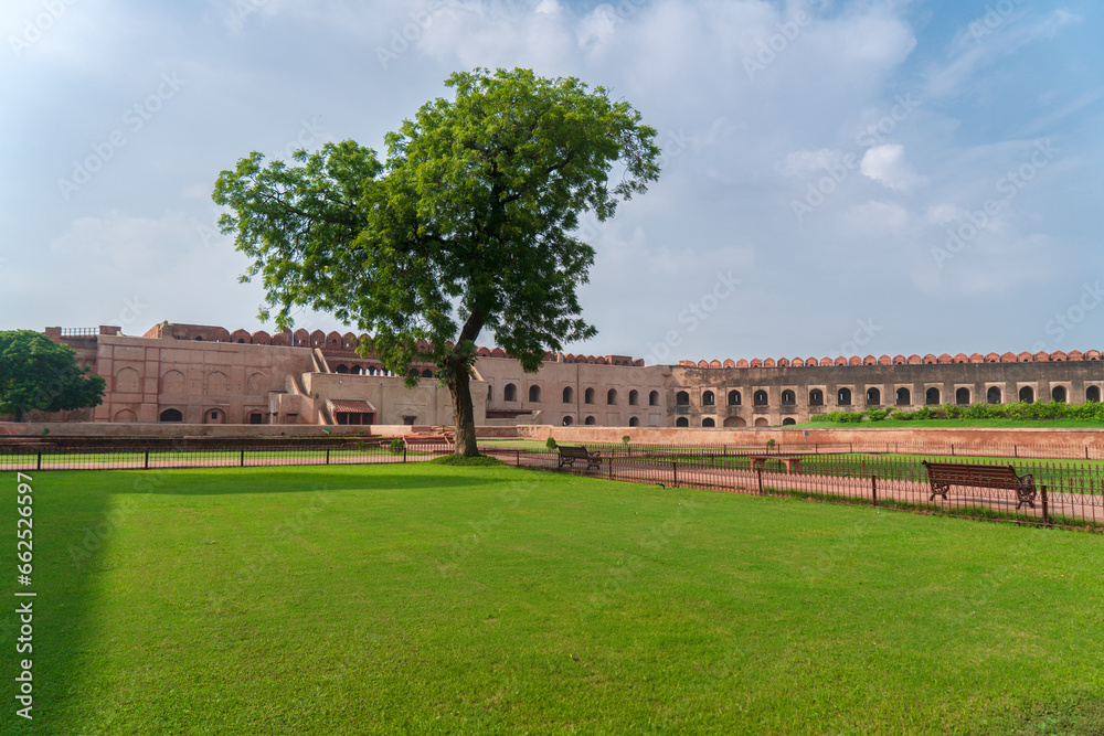 One of the tourist attractions in India, the green turf of the Red Fort. Agra Fort is a historic red sandstone fort and a UNESCO World Heritage Site.