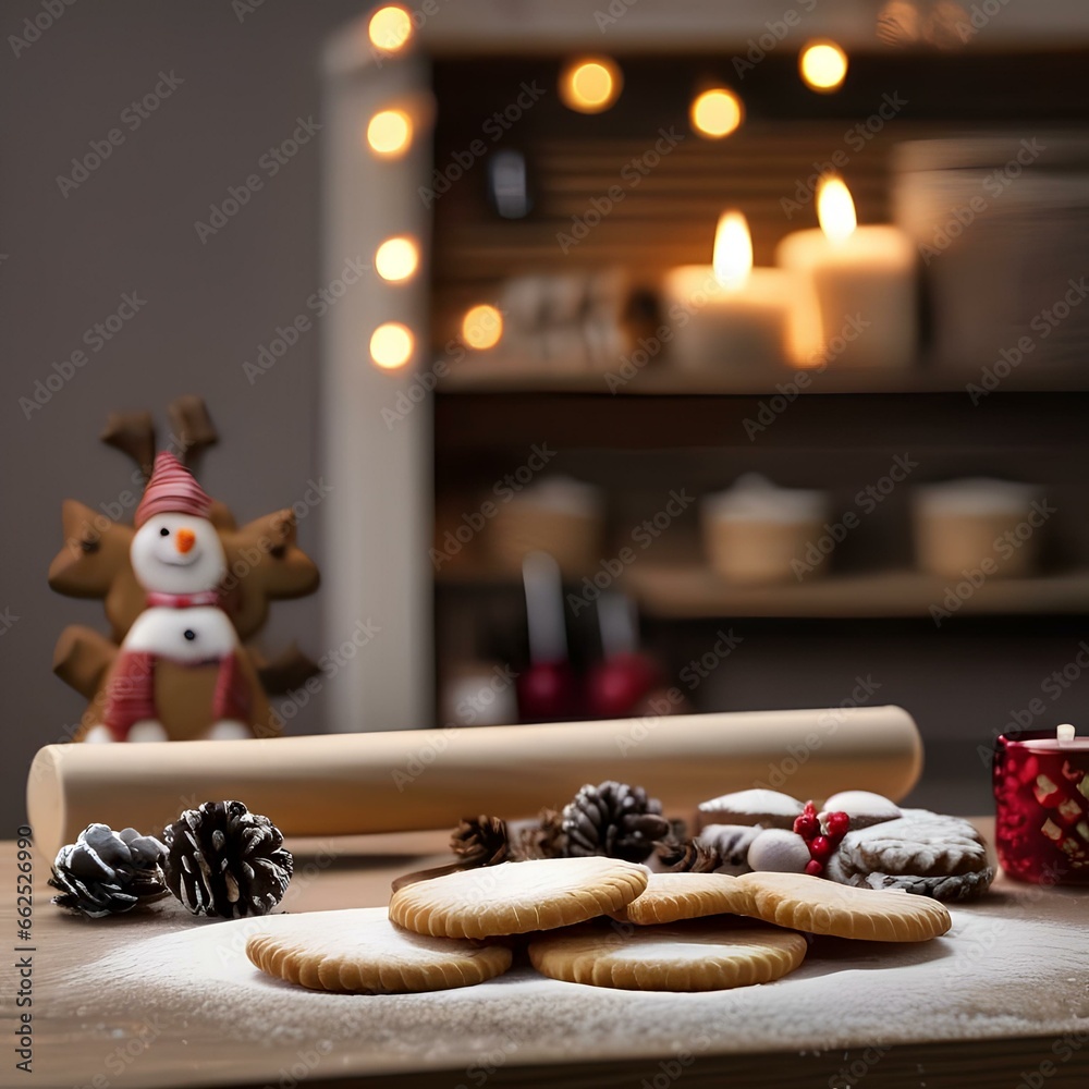 A holiday-themed baking session with cookies, flour, and rolling pins on a kitchen counter5