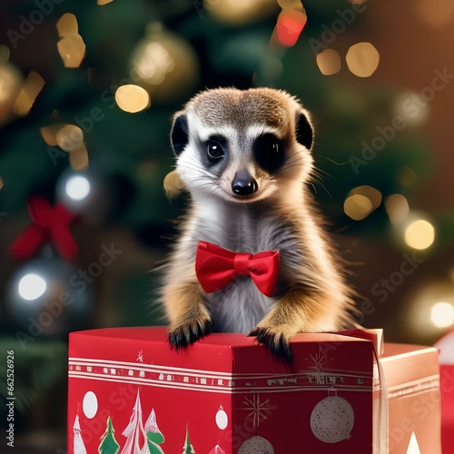 A curious meerkat wearing a Christmas bowtie and peeking out of a gift box1 photo