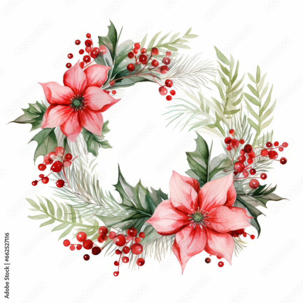 Watercolor pink Christmas wreath with floral elements.