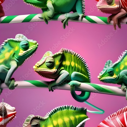 A chameleon showcasing its color-changing abilities with a candy cane pattern1