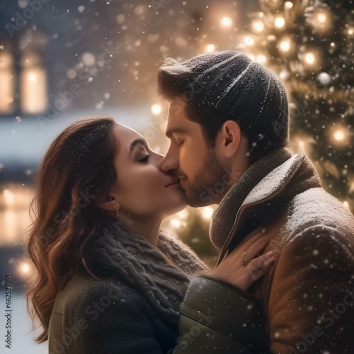 A couple sharing a romantic moment under mistletoe with snow falling gently around them2