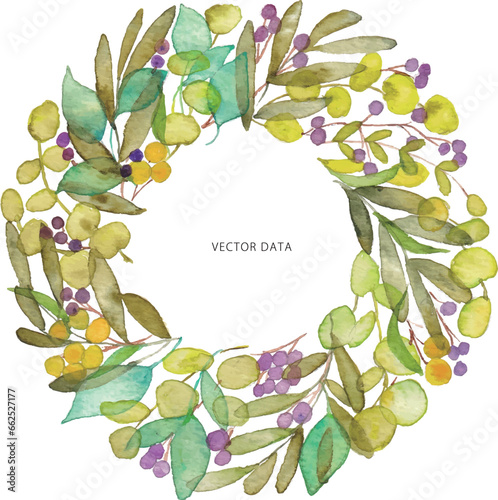 水彩画。水彩タッチのナチュラルベクターリースイラスト。植物のリース。Watercolor painting. Natural vector wreath illustration with watercolor touch. Wreath of plants.