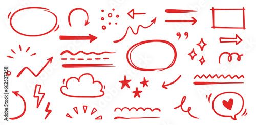 Hand drawn red line star sparkle, emphasis, underline element set. Hand drawn doodle text highlight, underline, arrow red pen stroke style. Scribble text decoration element set. Vector illustration.