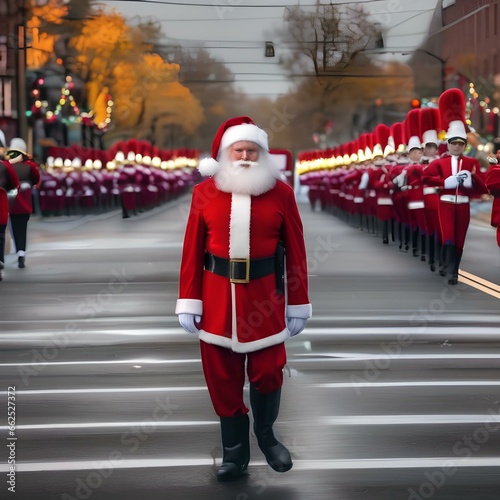 A festive holiday parade with marching bands, floats, and Santa Claus1