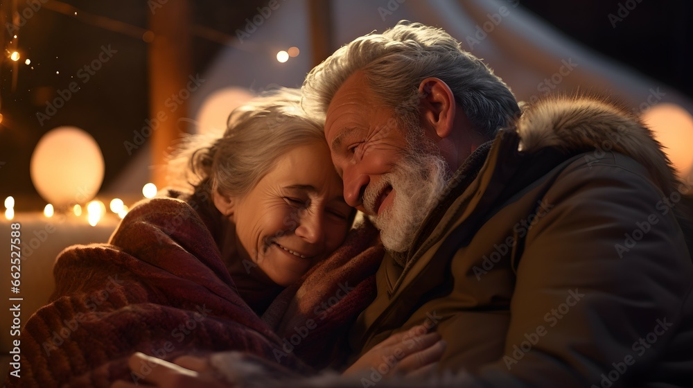 old senior elderly couple cuddling togther