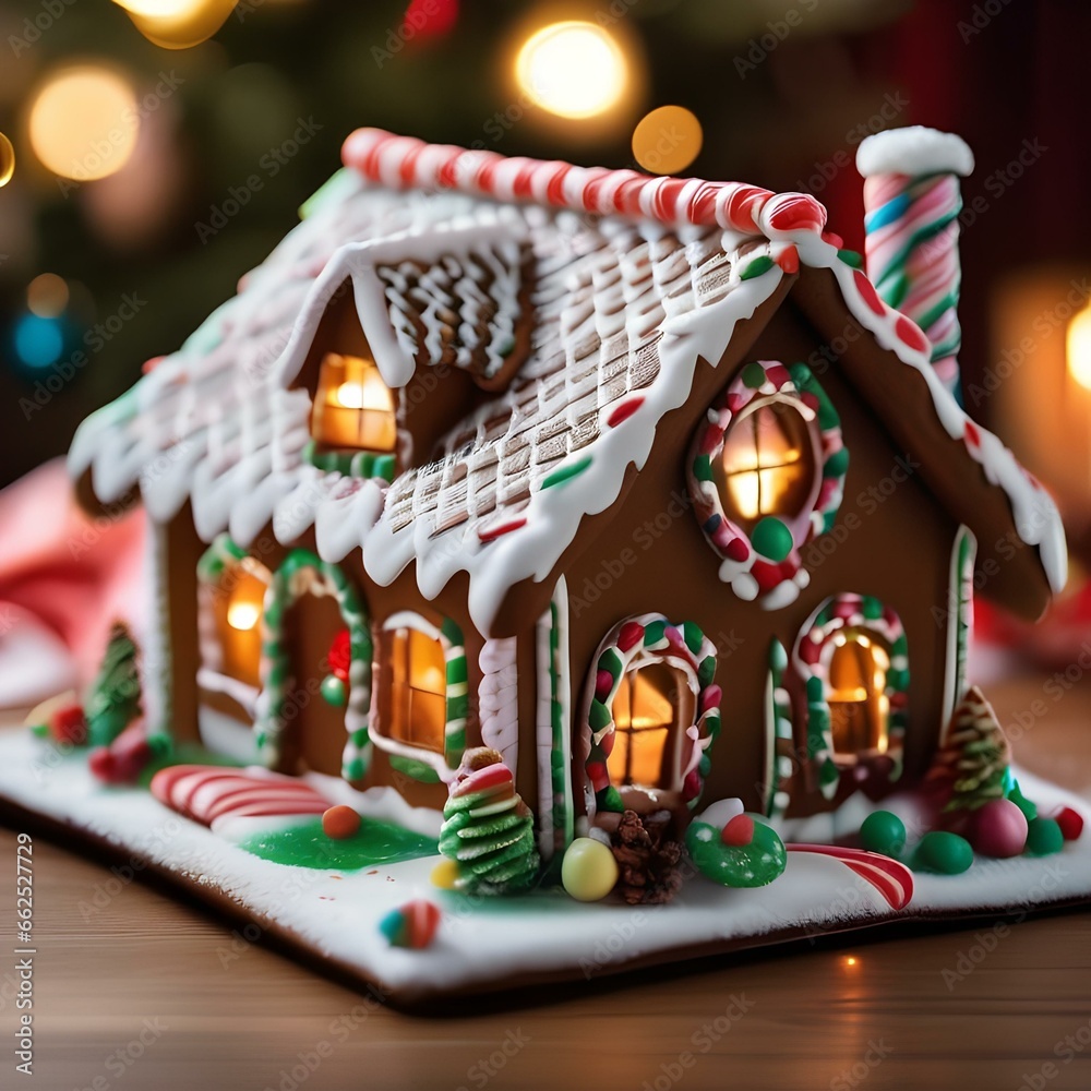A close-up of a gingerbread house with intricate icing and candy decorations5 A close-up of a gingerbread house with intricate icing and candy decorations5