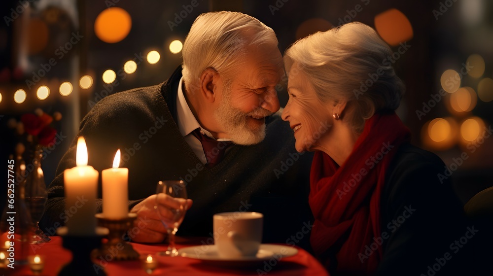 elderly couple celecbrating in the restaurant dinner for two