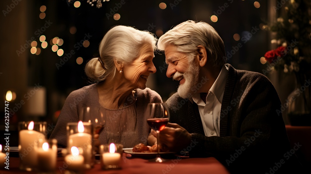 elderly couple celecbrating in the restaurant dinner for two
