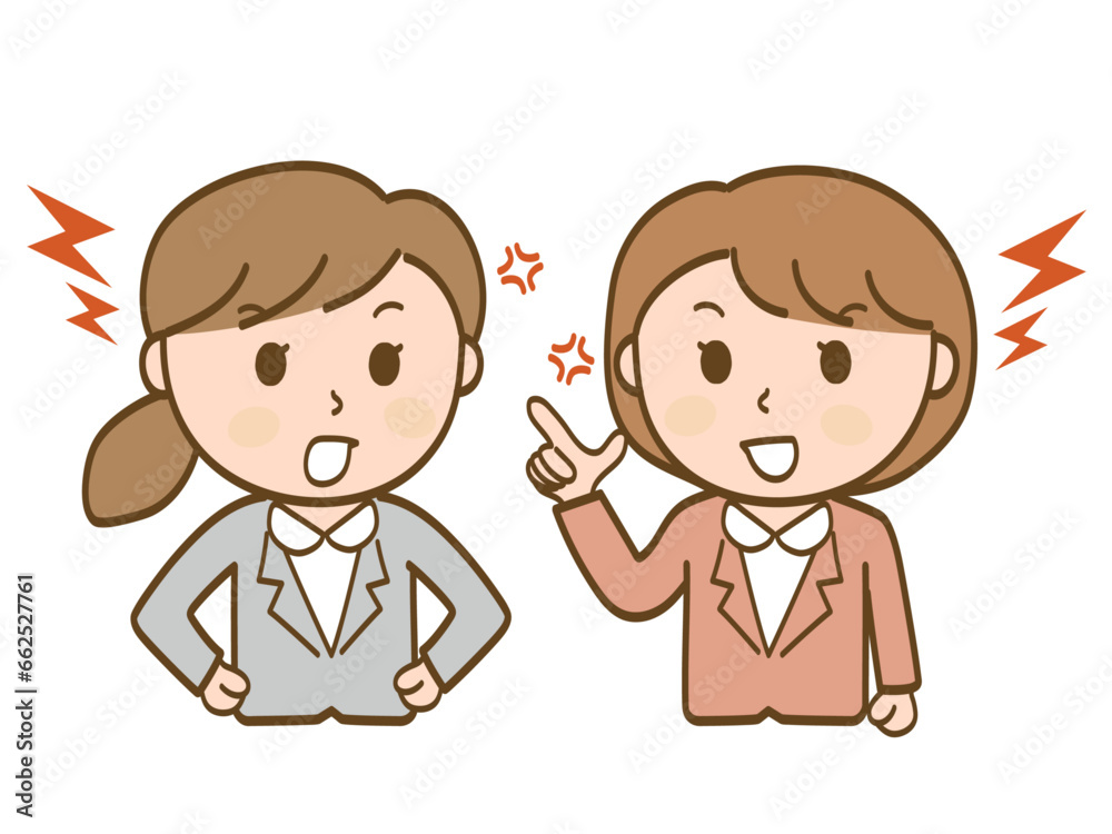 口喧嘩をするスーツ姿の女性会社員2人 口喧嘩をするスーツ姿の女性会社員2人