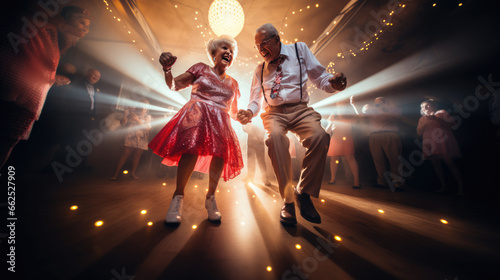 Older energetic couple out at a club dancing and having a great time