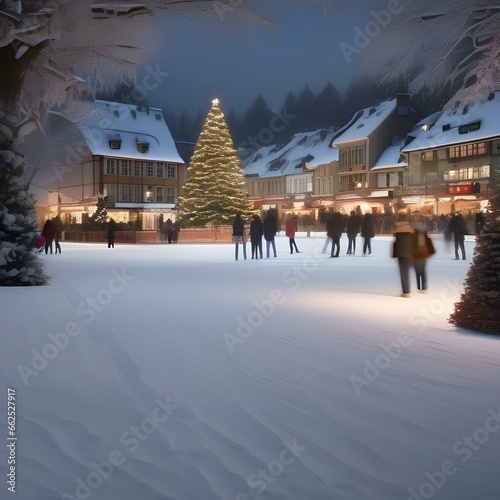A snowy village square with an ice-skating rink and a giant Christmas tree2