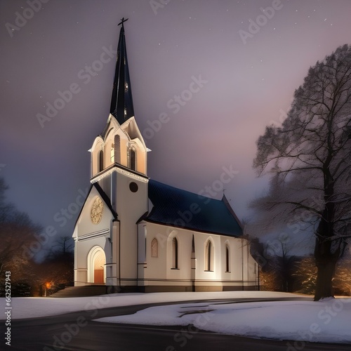 A picturesque church with a tall steeple and a starry night sky on Christmas Eve3