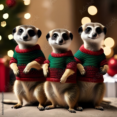 A meerkat family in matching Christmas sweaters, posing for a holiday photo3 photo