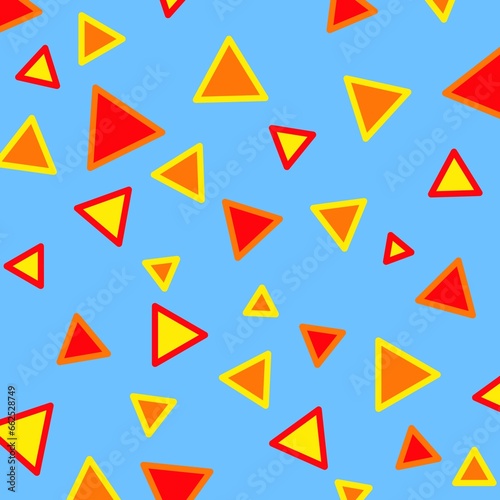 Red, orange, and yellow triangles on blue backgroujnd