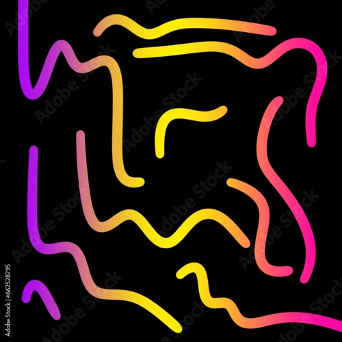 Purple, yellow, and pink wiggly lines on black background