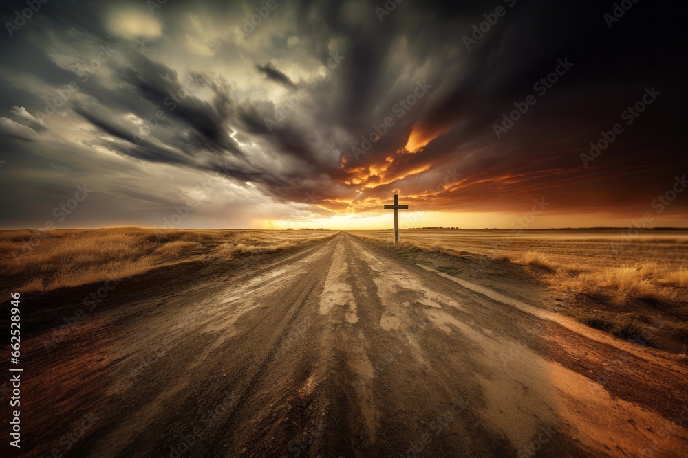 Dramatic Sunset Sky Over Open Road Landscape