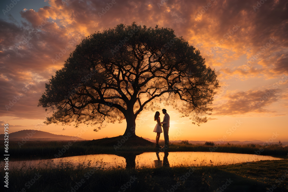 Two lovers find solace beneath a tree at sunset
